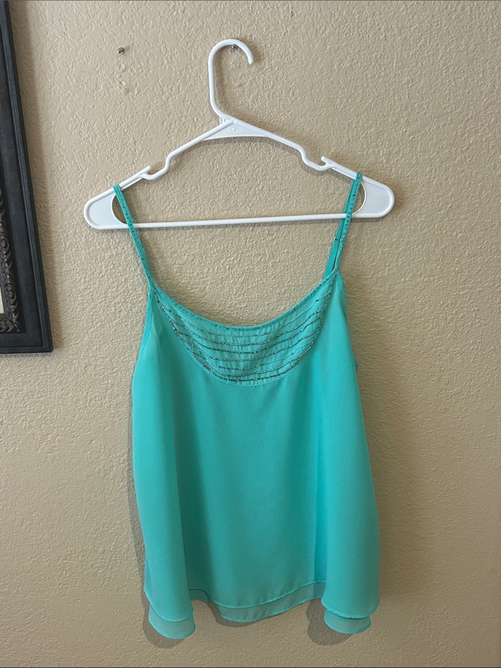 Alya Teal Chiffon Cami Tank Beaded Back Flowy Layered Top Size S